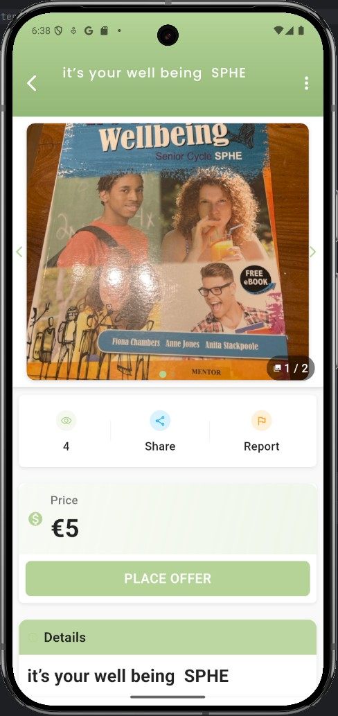An advert for a school book priced at five euro with a Place Offer button