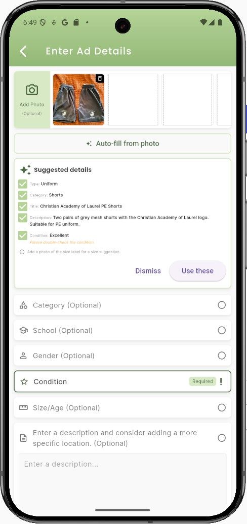 Schooly suggesting advert title, category, condition and description from a photo