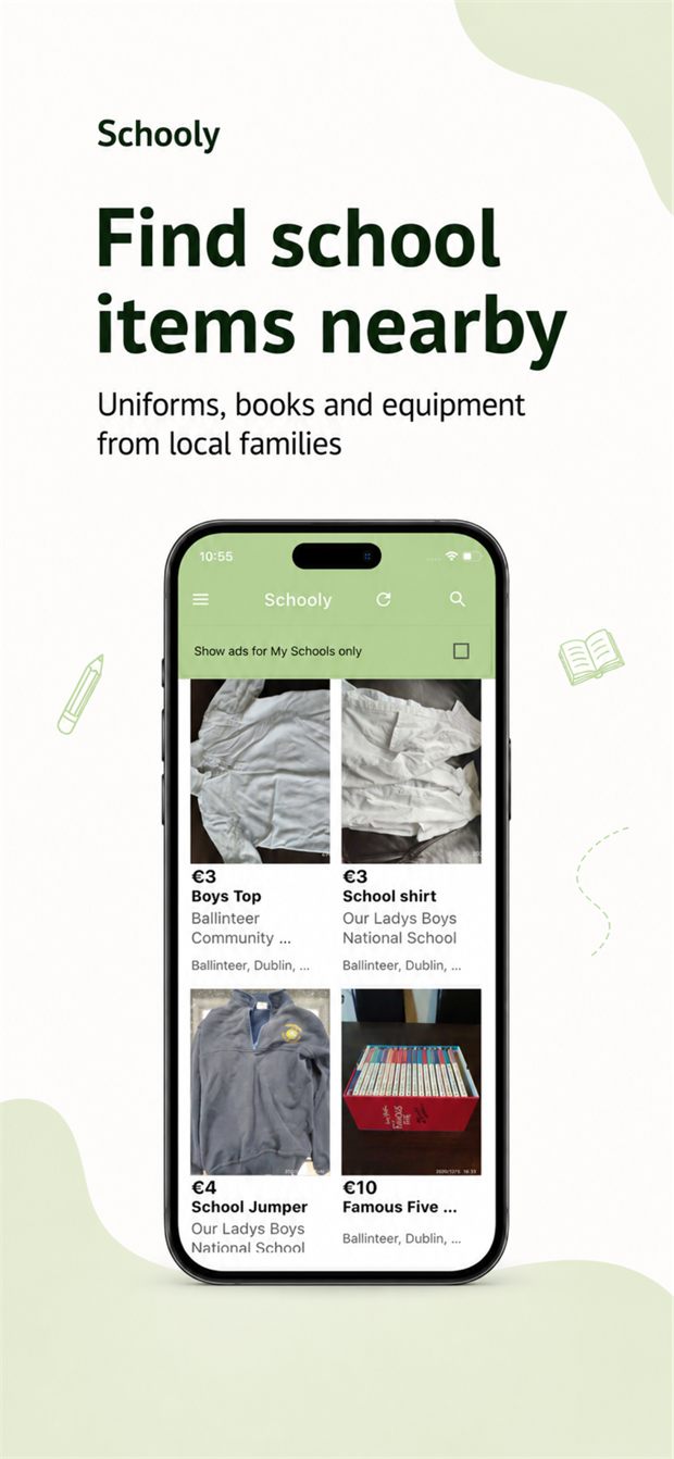Browsing pre-owned school uniforms and books with euro prices in the Schooly app