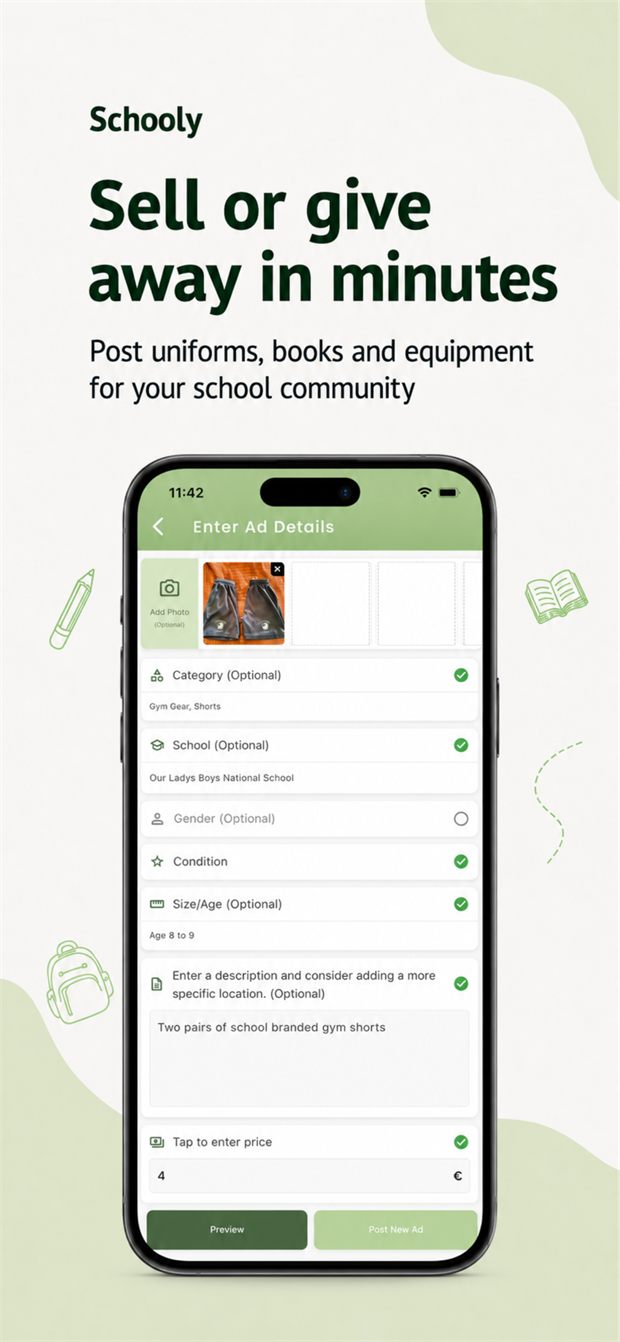 Posting an advert with photos, category and price in the Schooly app