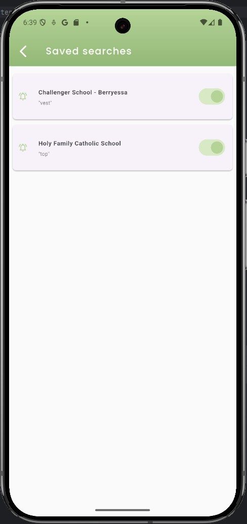 Saved searches with alert toggles for two schools in the Schooly app